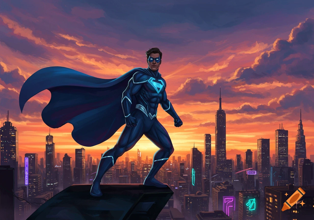 A superhero in a dark blue suit with a glowing symbol and cape stands on a rooftop overlooking a city at sunset.