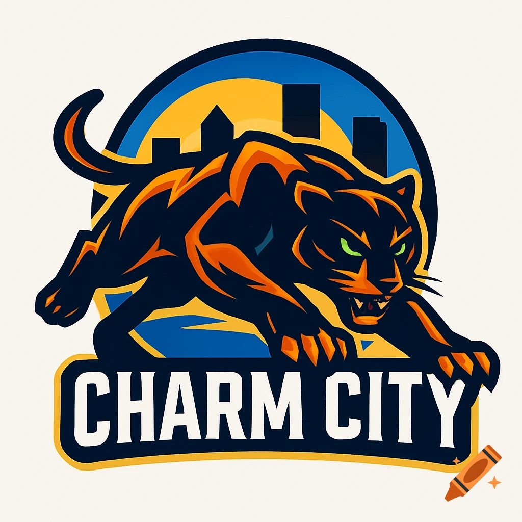 A sports logo featuring a black panther with orange highlights and green eyes, crouching in front of a blue and yellow cityscape silhouette. The text 'CHARM CITY' is below the panther.