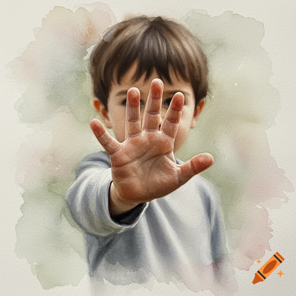 Watercolor portrait of a young boy holding his hand up, face blurred, in a 'stop' gesture.