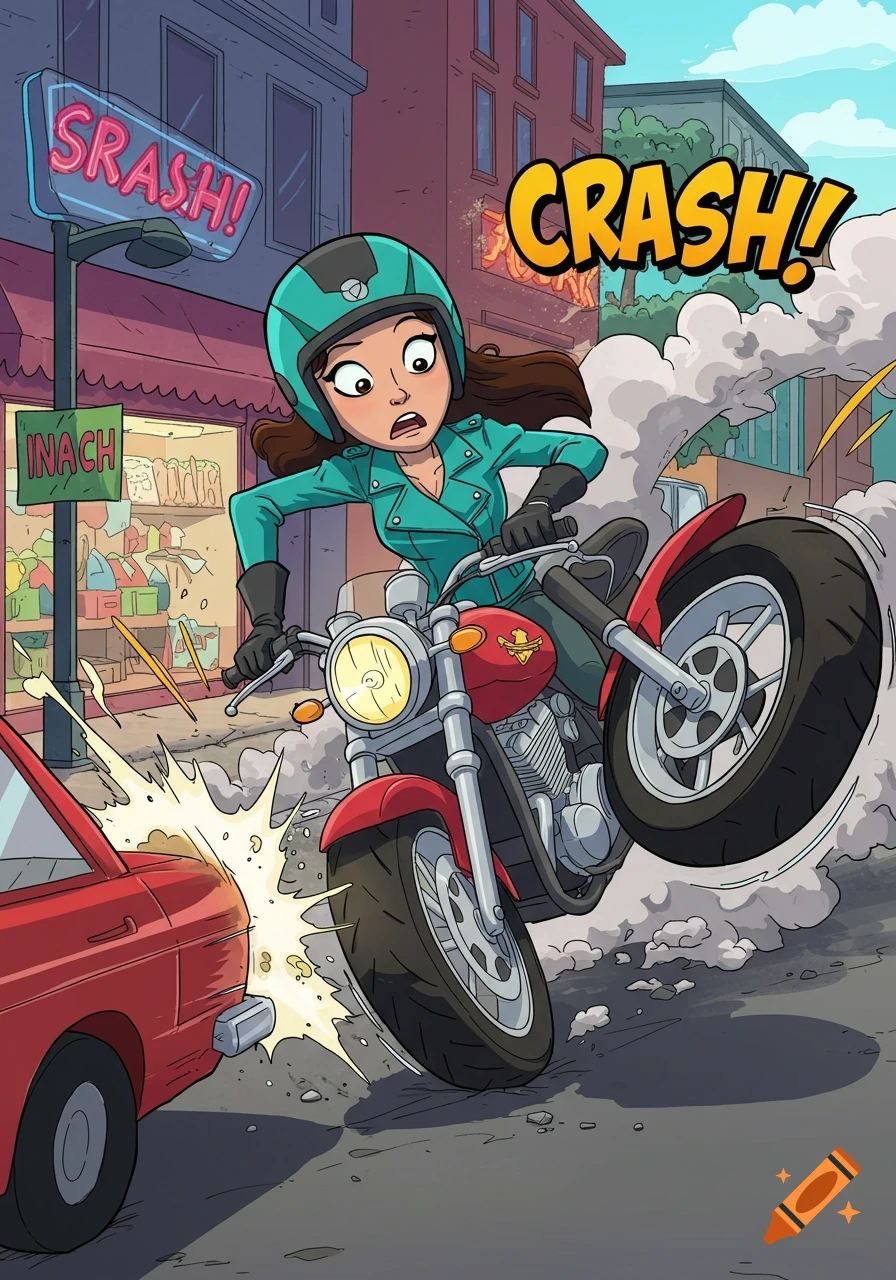 A brunette woman in a turquoise jacket and helmet crashes her red motorcycle into a red parked car on a city street in a cartoon style, with 'CRASH!' text.