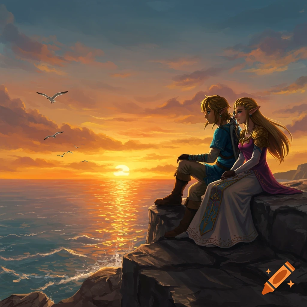 Link and Zelda sit on a cliff overlooking a radiant sunset over the ocean.