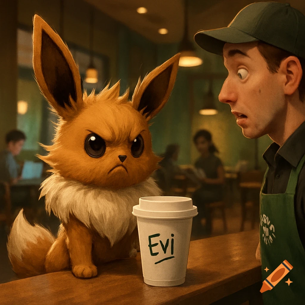 An angry Eevee glares at a surprised barista over a coffee cup labeled 'Evi' in a cafe.