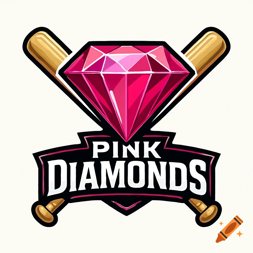 A logo featuring a pink diamond with two crossed golden baseball bats behind it and the text "PINK DIAMONDS" below.