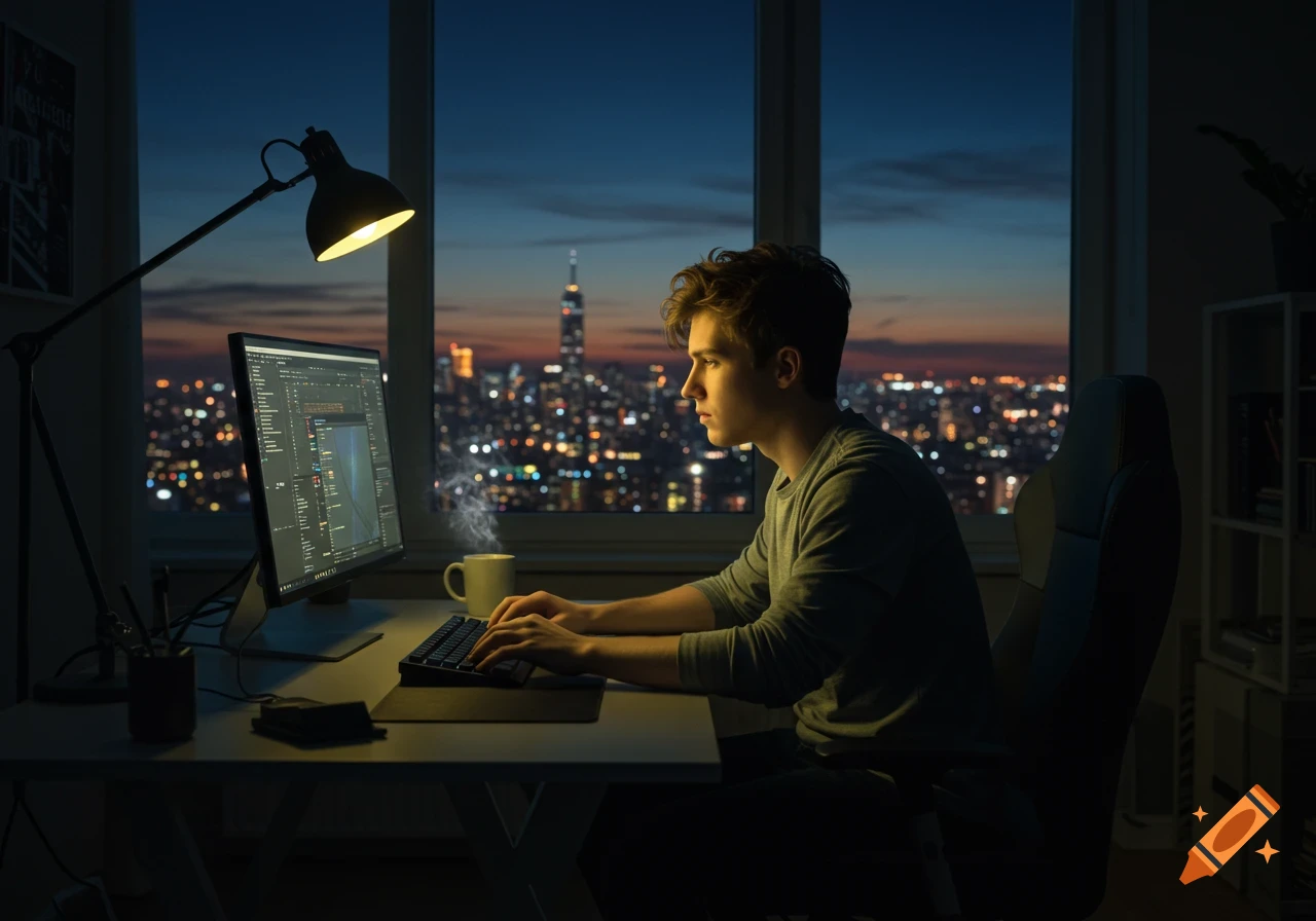 Young man works on a computer at a desk, backlit by a city skyline at dusk with glowing lights.