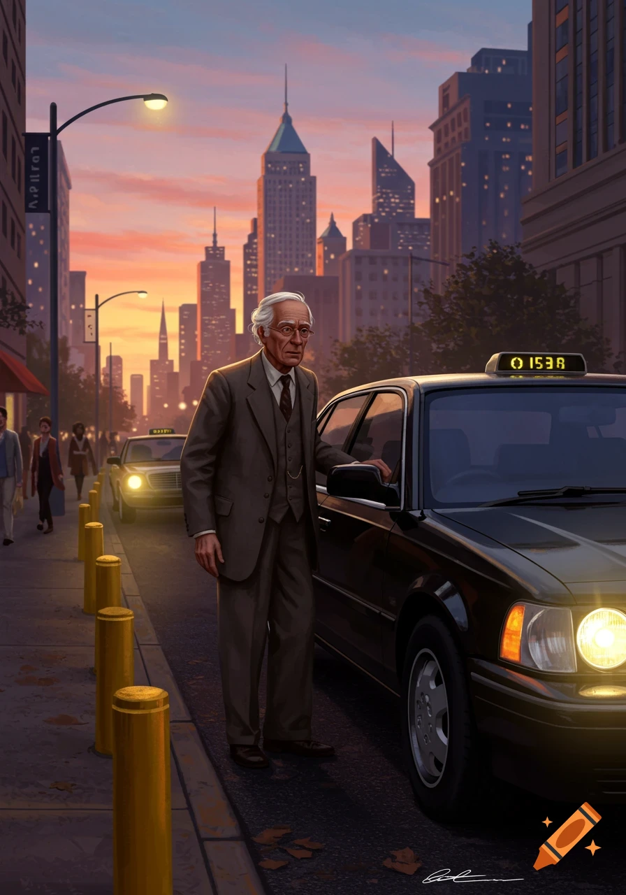 An elderly man in a suit stands next to a black taxi cab on a city street at sunset, with tall buildings in the background.
