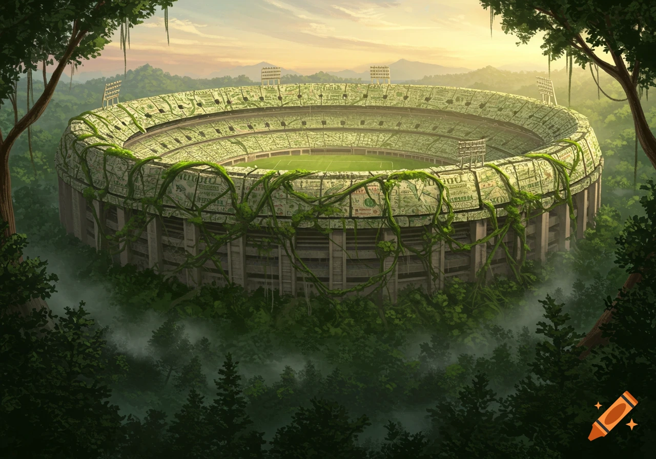 A sports stadium constructed from dollar bills and overgrown with vines, set in a misty, lush forest at sunset.