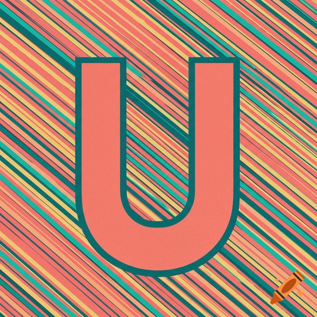 A coral letter U with a teal outline on a background of diagonal stripes in coral, yellow, and teal.