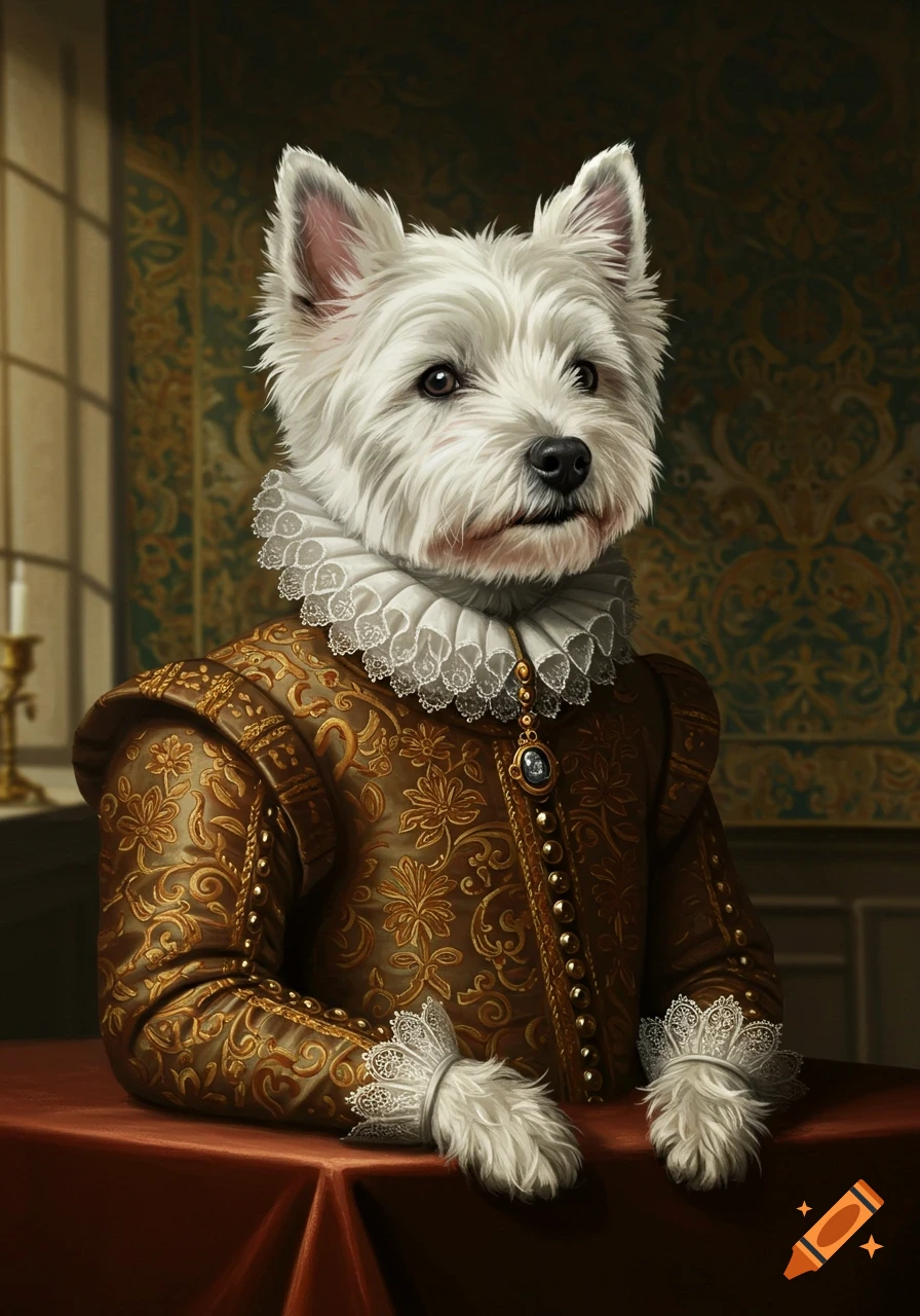 A West Highland Terrier dog dressed in elaborate golden Renaissance clothing with a white ruff, posing for a portrait.