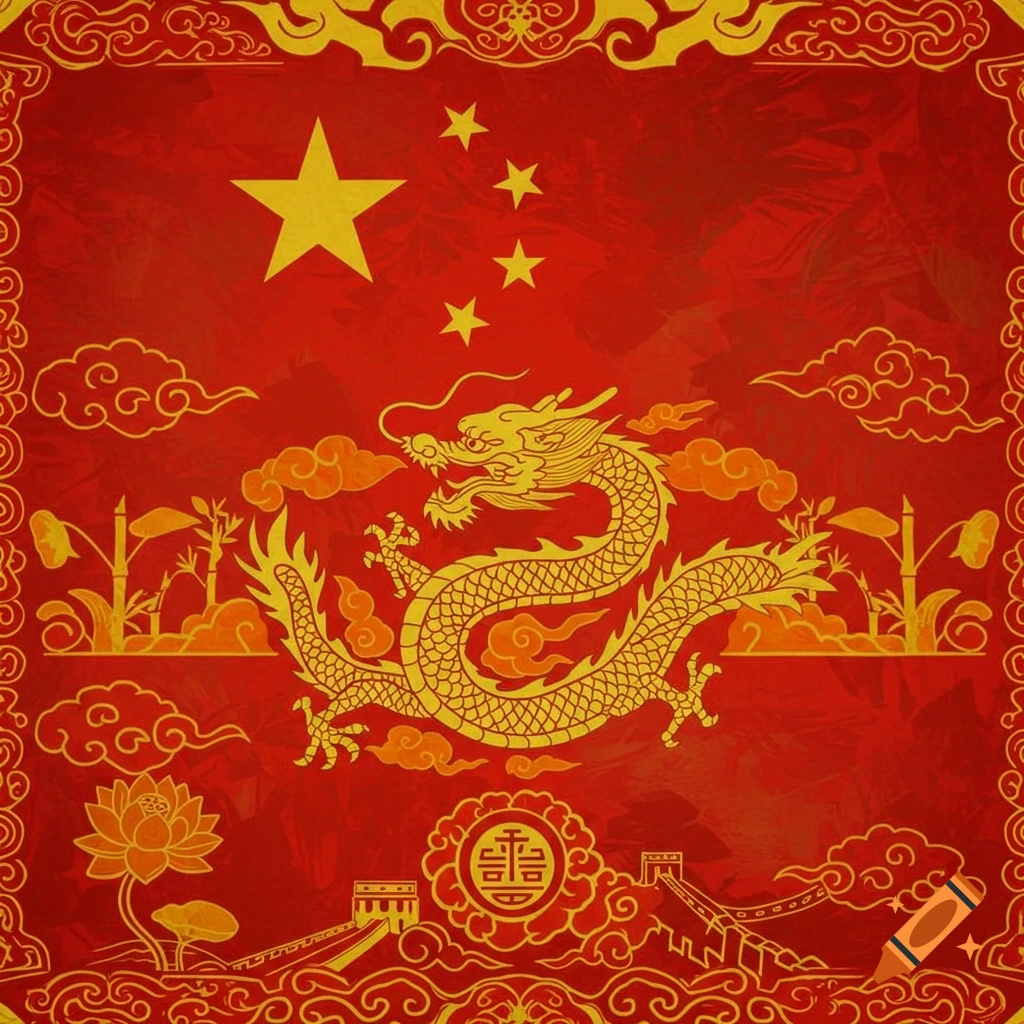 A stylized Chinese flag design in red and gold, featuring a dragon, five stars, bamboo, a lotus, the Great Wall, and traditional cloud patterns.
