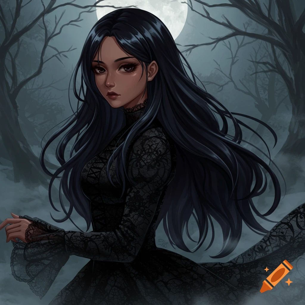 Anime illustration of a gothic girl with long black hair and a black lace dress standing in a misty forest under a full moon.