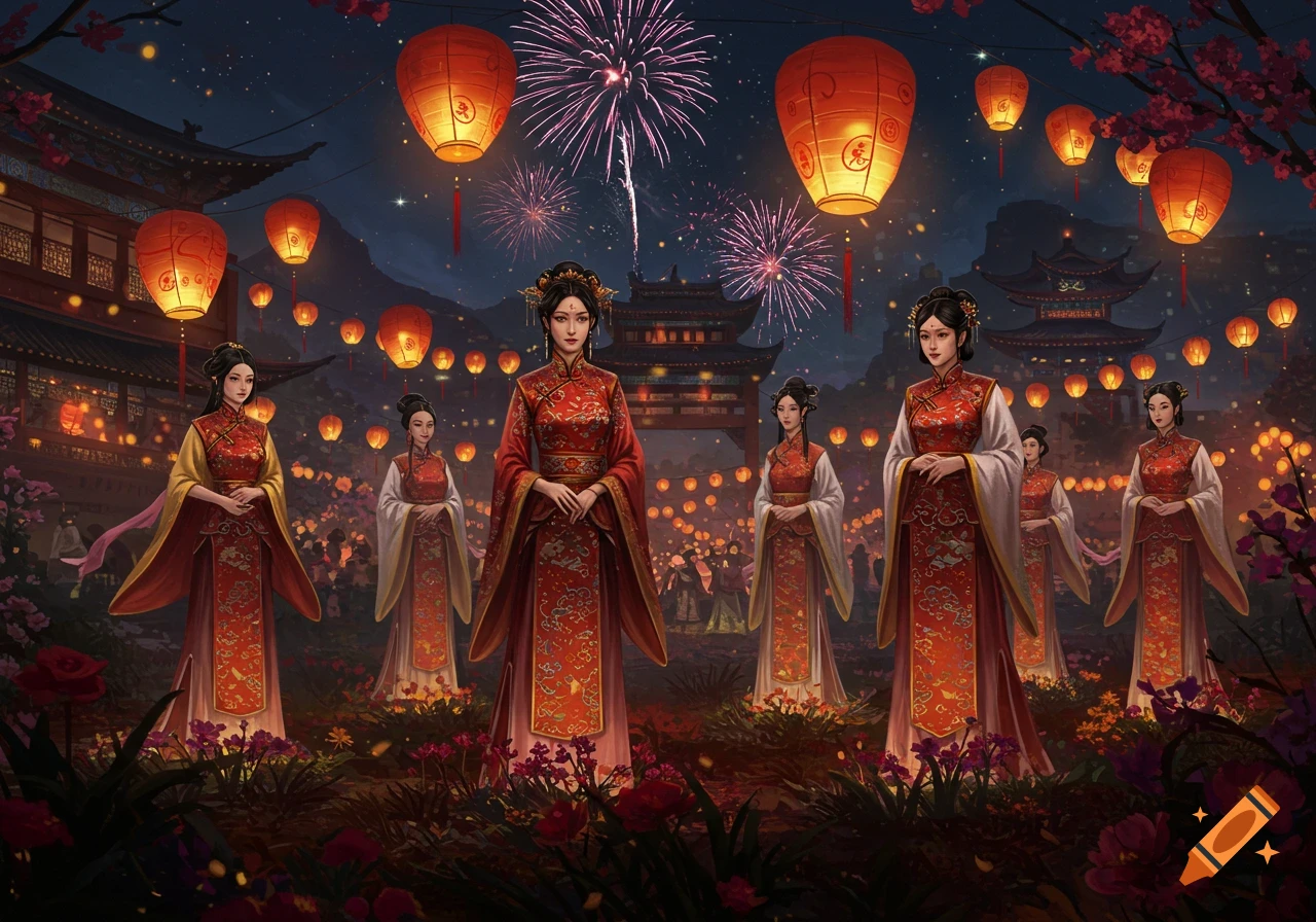 Women in red traditional Chinese dresses amidst glowing lanterns and fireworks during a night festival.