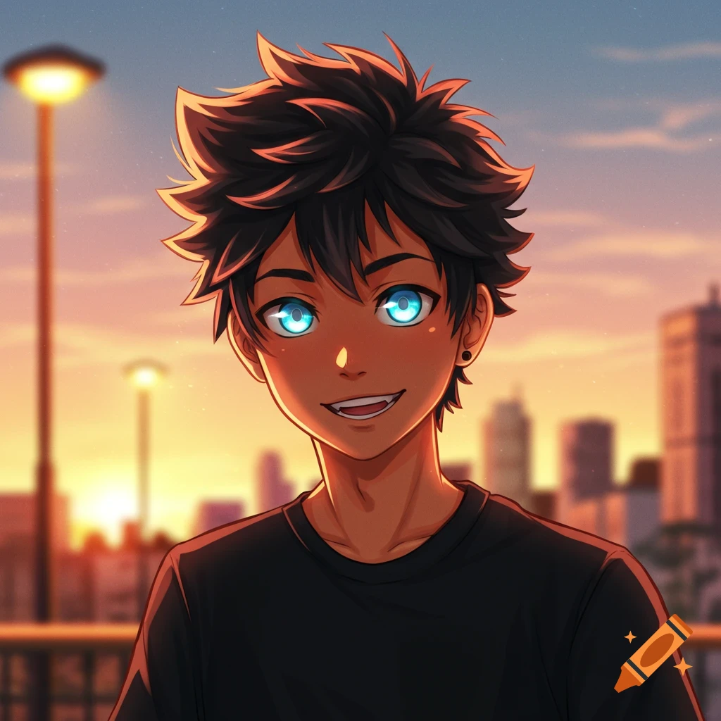 Anime boy with dark spiky hair, tan skin, glowing blue eyes, and a black t-shirt smiles against a city sunset.