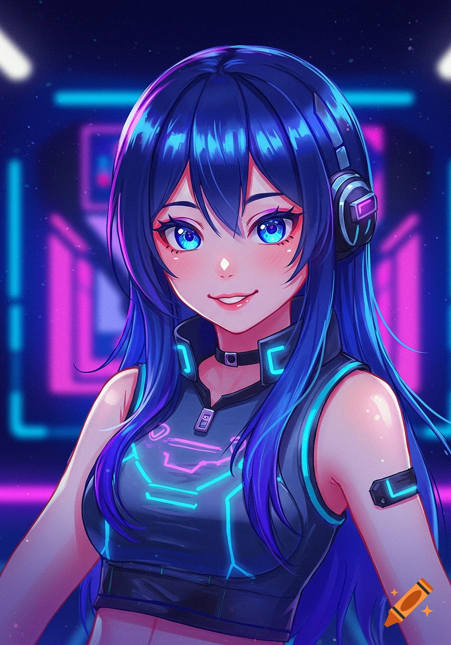 An anime girl with long blue hair, blue eyes, and headphones, wearing a futuristic outfit with neon accents against a glowing neon background.