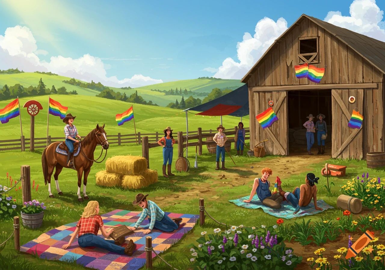 A vibrant illustration of people enjoying a sunny day at a rural ranch adorned with rainbow pride flags, featuring horseback riding and picnics.