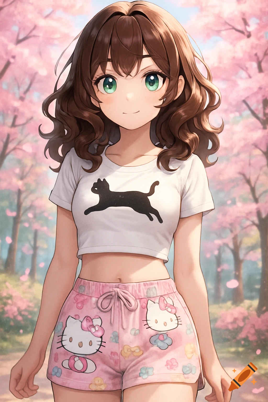 Anime girl with green eyes, brown curly hair, white crop top with black cat, and Hello Kitty shorts in a cherry blossom park.