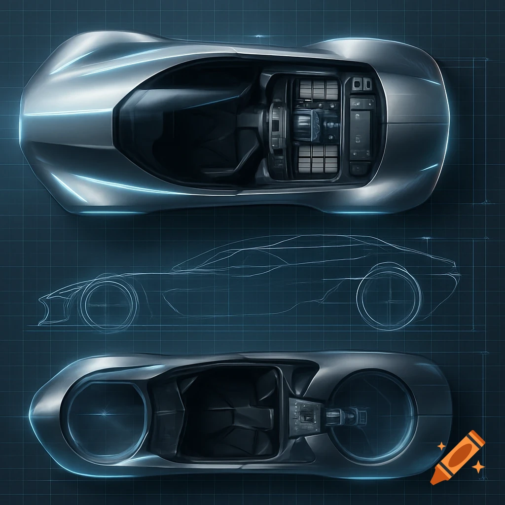 Top and side views of a sleek silver futuristic concept car with glowing blue accents on a dark blueprint grid background.