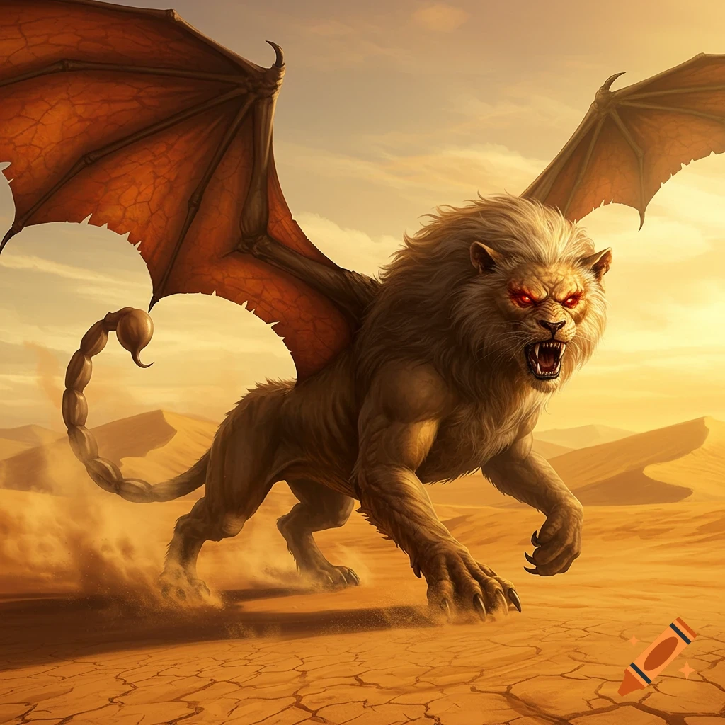 A manticore, a winged lion with a scorpion tail and glowing red eyes, roars in a golden desert landscape.