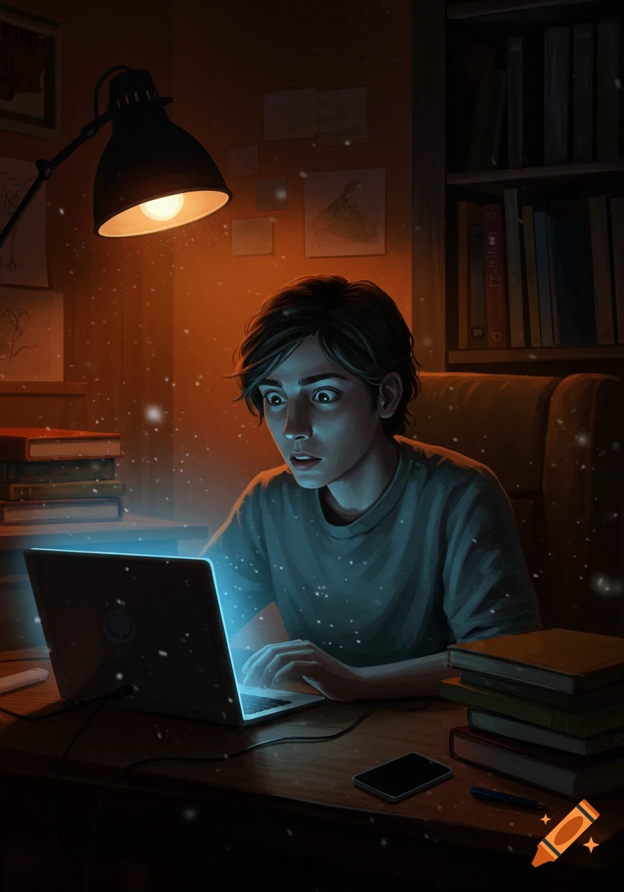 A wide-eyed person looks intently at a glowing laptop screen at night, lit by a desk lamp in a room with bookshelves. Digital art.