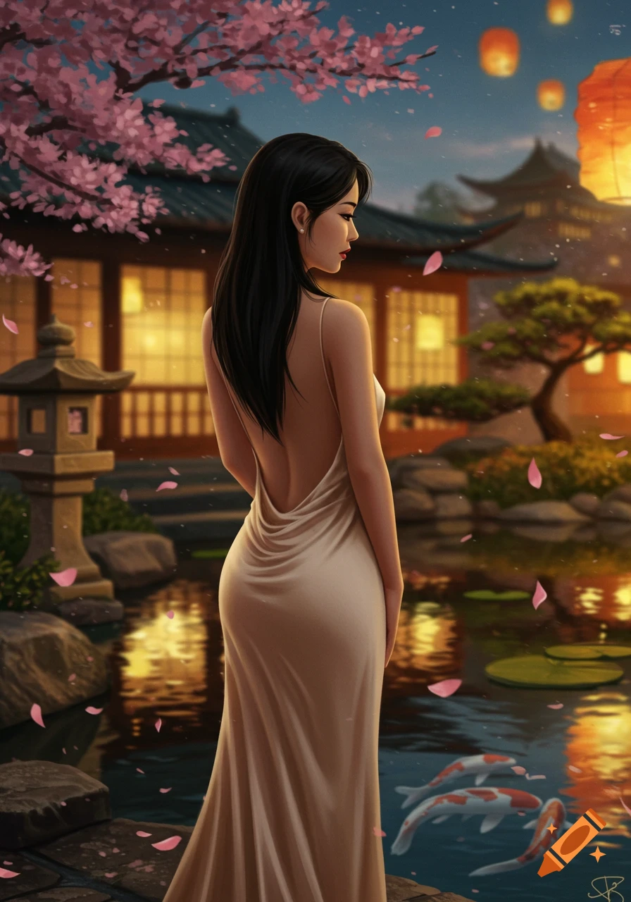 Digital art of a woman in a backless gown standing in a Japanese garden with cherry blossoms, lanterns, and koi fish.