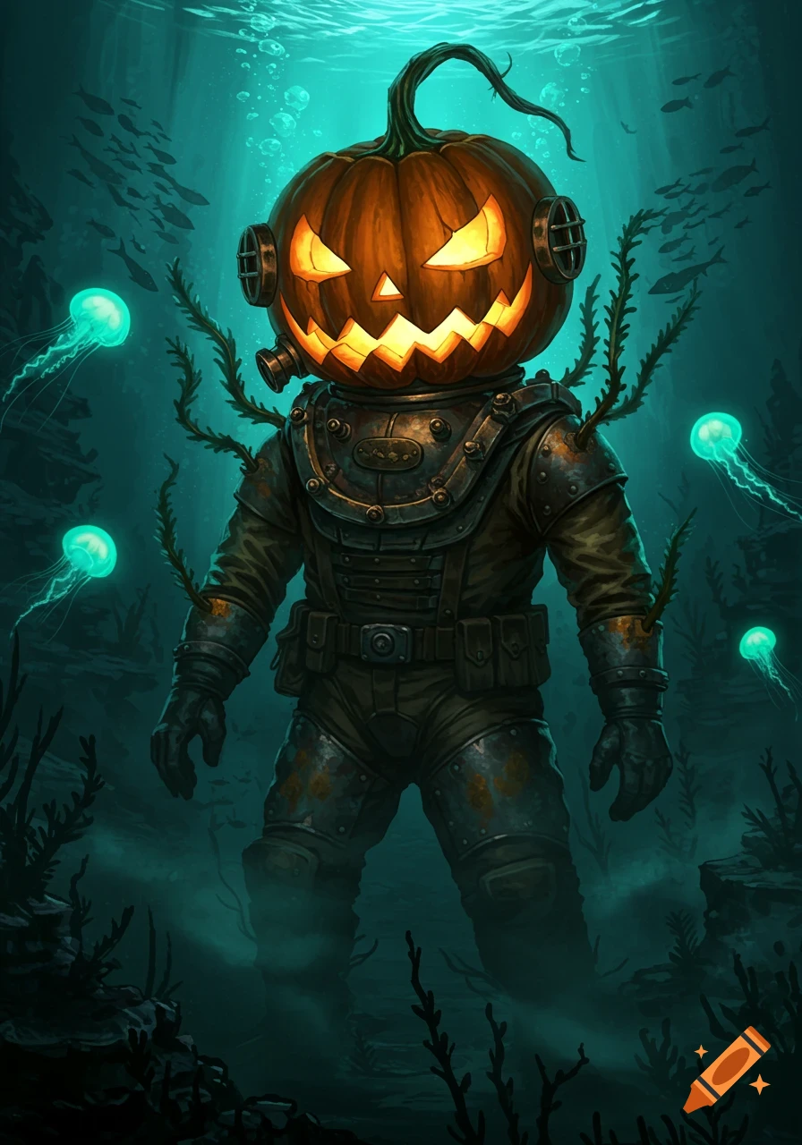 A creature in an old deep-sea diving suit with a glowing jack-o'-lantern head stands underwater among glowing jellyfish and fish.