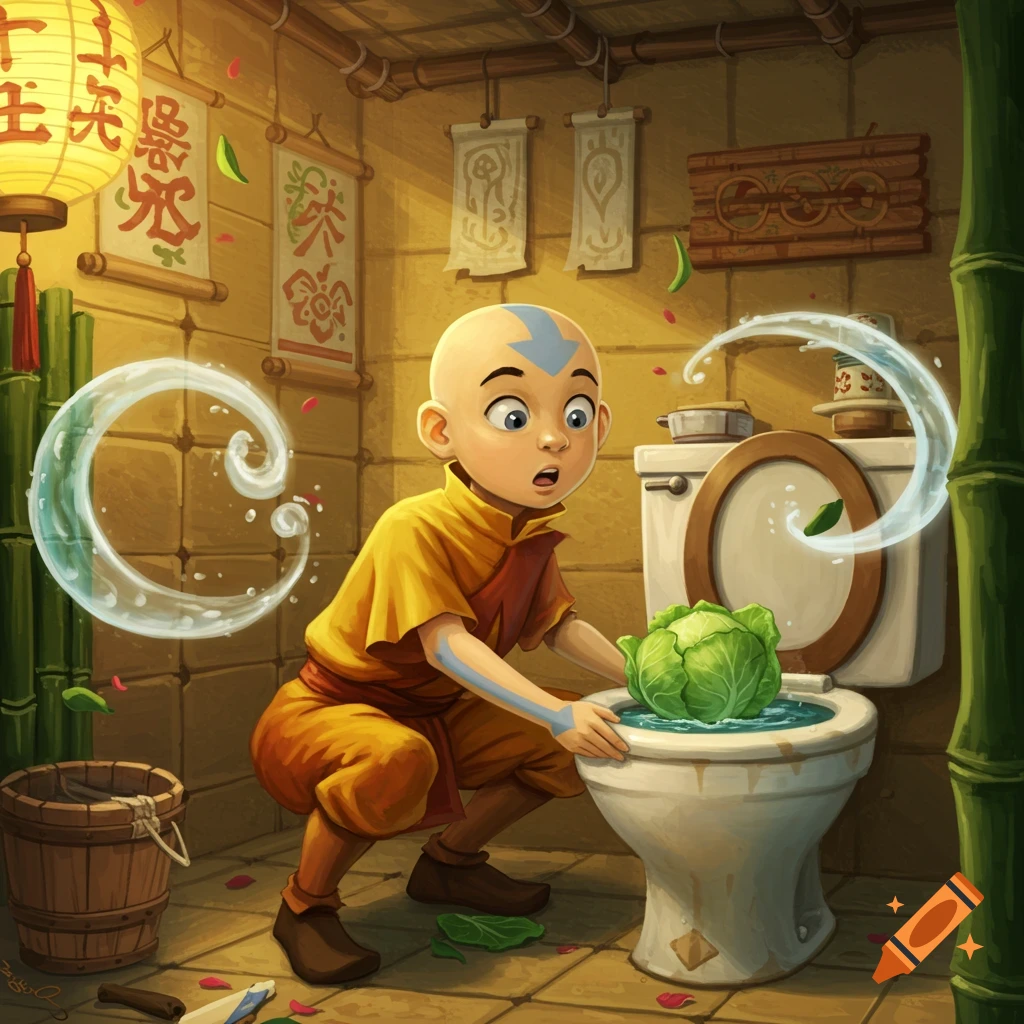 Aang from Avatar the Last Airbender, looking surprised, attempts to flush a large green cabbage down a toilet in a themed bathroom.