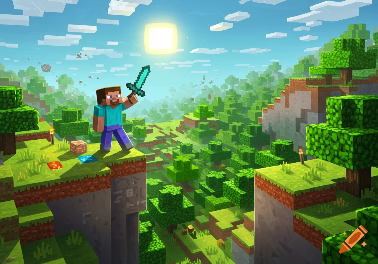 Steve, a blocky character, holds a diamond sword aloft in a vibrant, pixelated Minecraft landscape under a bright, square sun.
