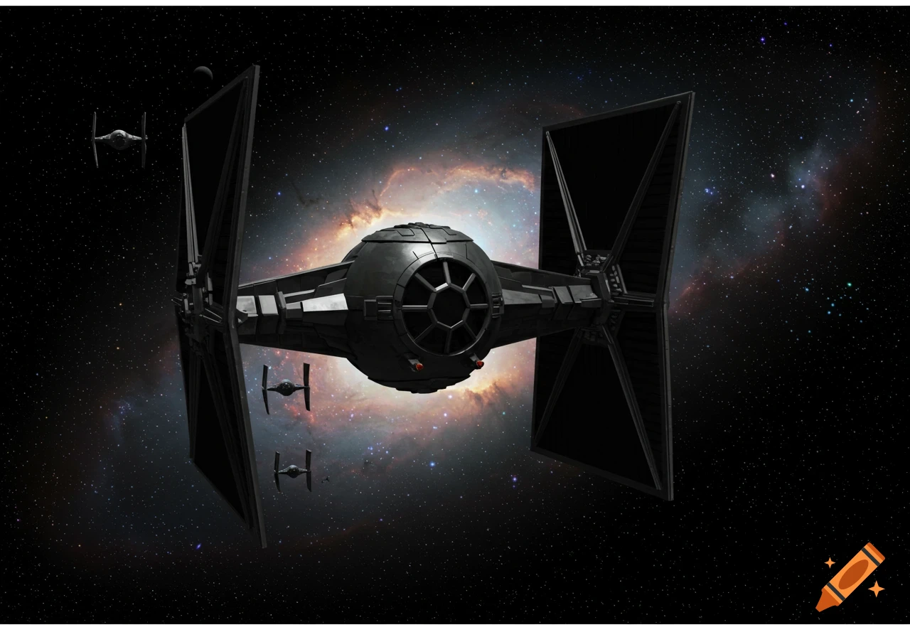 Darth Vader's TIE fighter flying through space with a colorful nebula in the background and other TIE fighters.