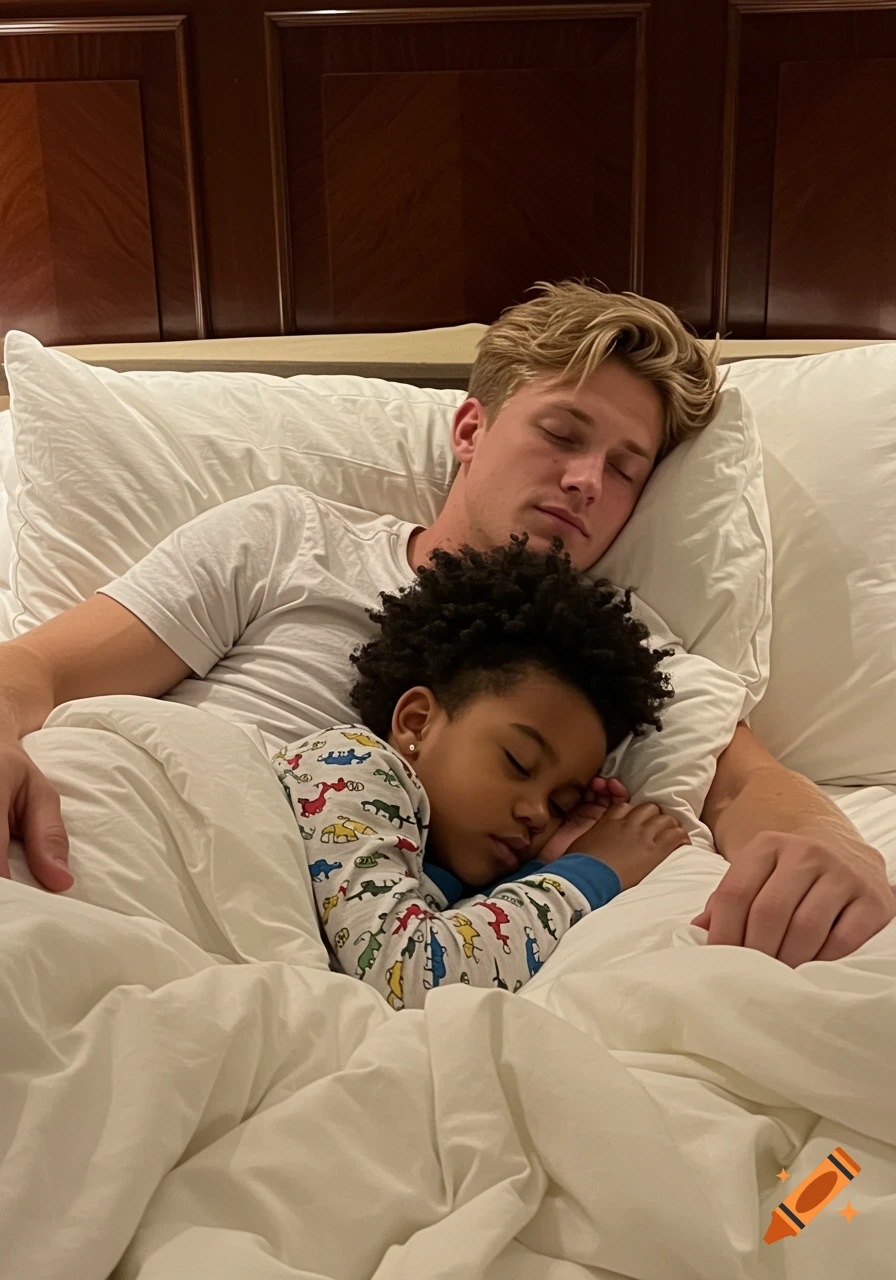 A light-skinned man with blonde hair and a young boy with dark curly hair and a single earring sleep together in a bed.