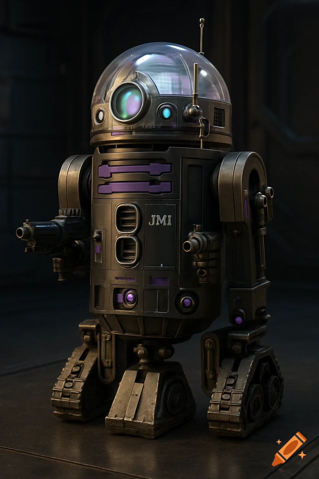 Photorealistic gunmetal grey robot with purple accents, clear domed head, blaster pistols, and tread legs stands in a dark environment.