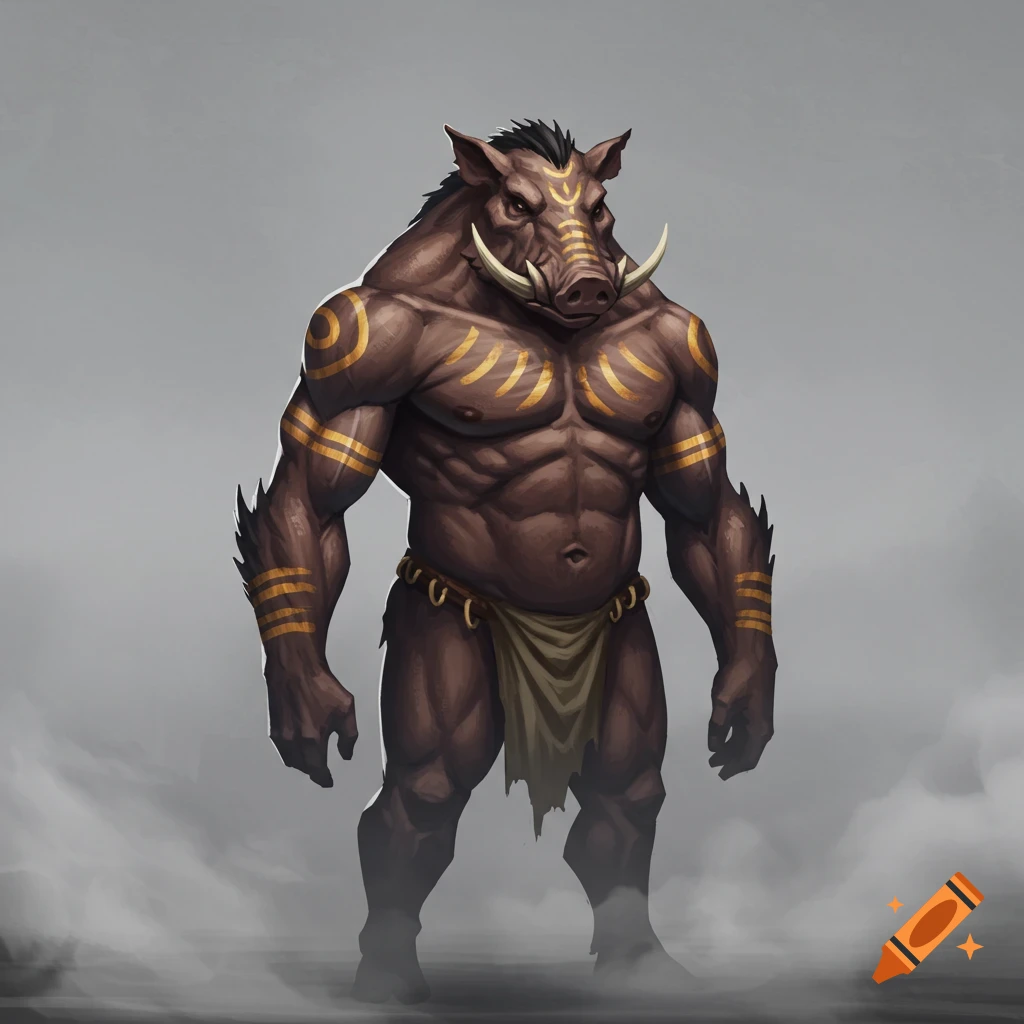 Muscular humanoid boar with large tusks, golden tribal markings, and a loincloth, standing in a misty digital painting.