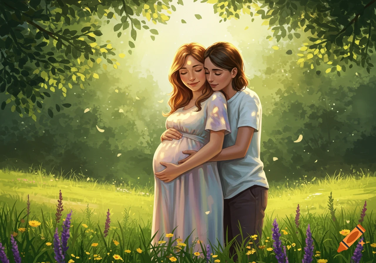 A pregnant woman and her partner embrace in a sunny, green field filled with flowers, depicted in a warm, painterly style.