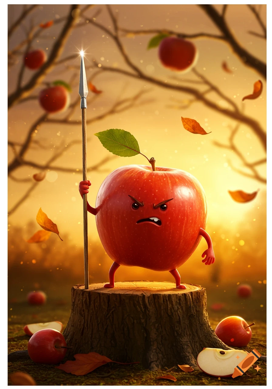 Angry red apple cartoon character with a leaf, holding a spear, stands on a tree stump in a golden autumn field.