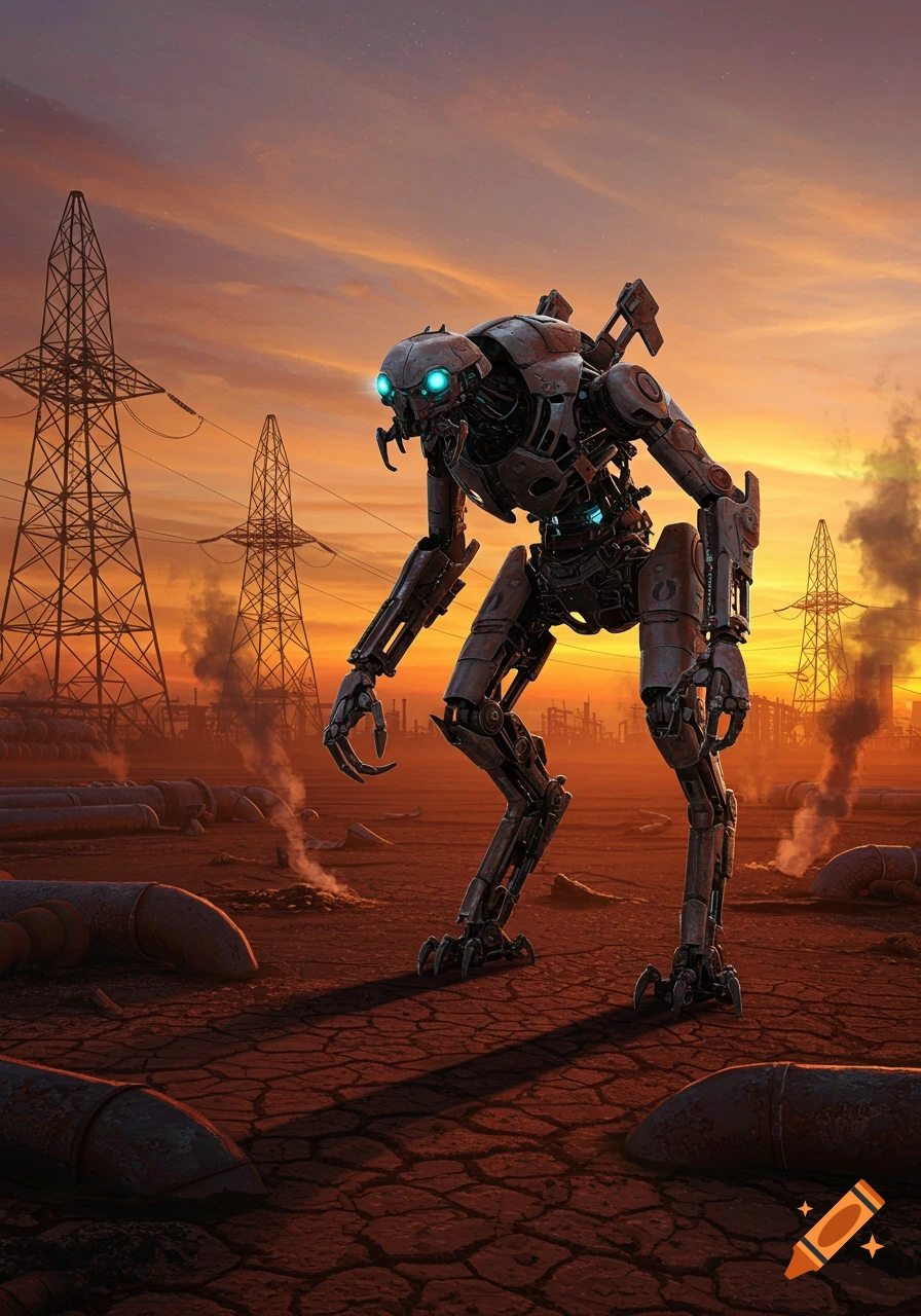 A large, metallic robot with glowing blue eyes stands in a cracked, desolate landscape with power lines and industrial structures under a sunset.