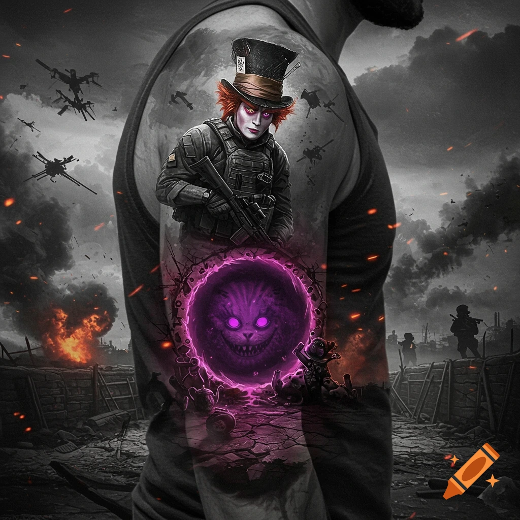 Gritty tattoo of a Mad Hatter soldier with a rifle over a glowing purple Cheshire Cat portal, set against a dark, war-torn battlefield.
