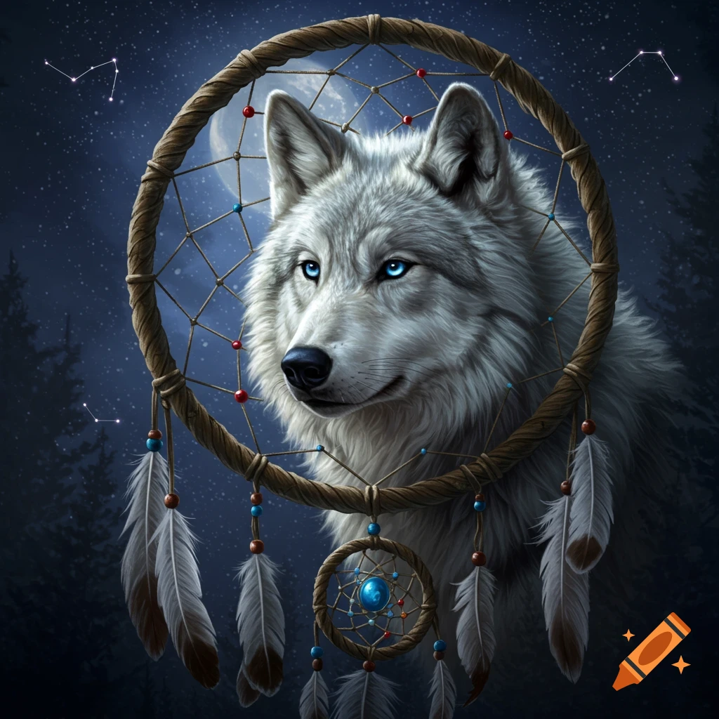 A majestic white wolf with piercing blue eyes gazes through a detailed dreamcatcher against a starry night sky with a full moon and forest.