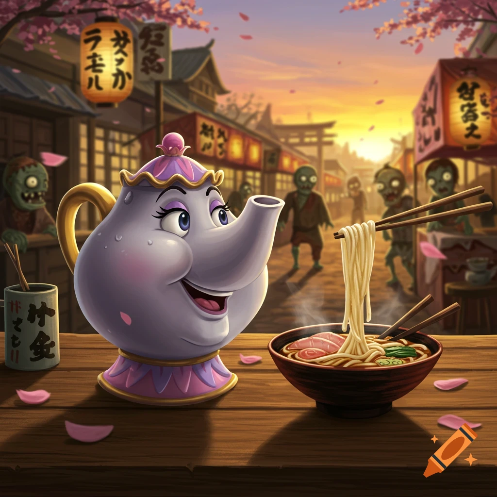 Mrs. Potts teapot happily looking at a bowl of ramen with chopsticks, surrounded by cartoon zombies in a cherry blossom-filled Japanese street.
