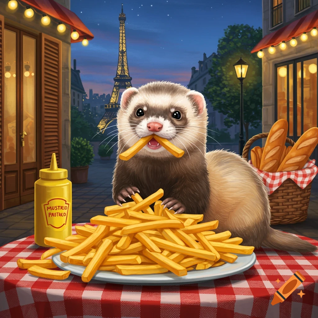 A cute ferret in an illustrated style eats french fries at an outdoor cafe table in Paris, with the Eiffel Tower in the background.
