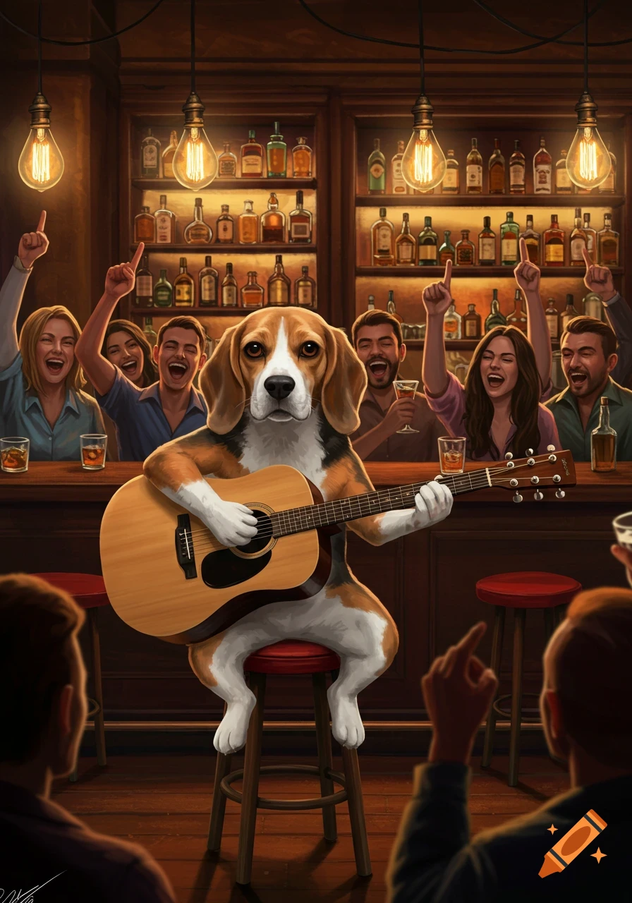 A beagle dog plays an acoustic guitar on a stool in a lively, crowded bar, with cheering patrons in the background, in an illustrative style.