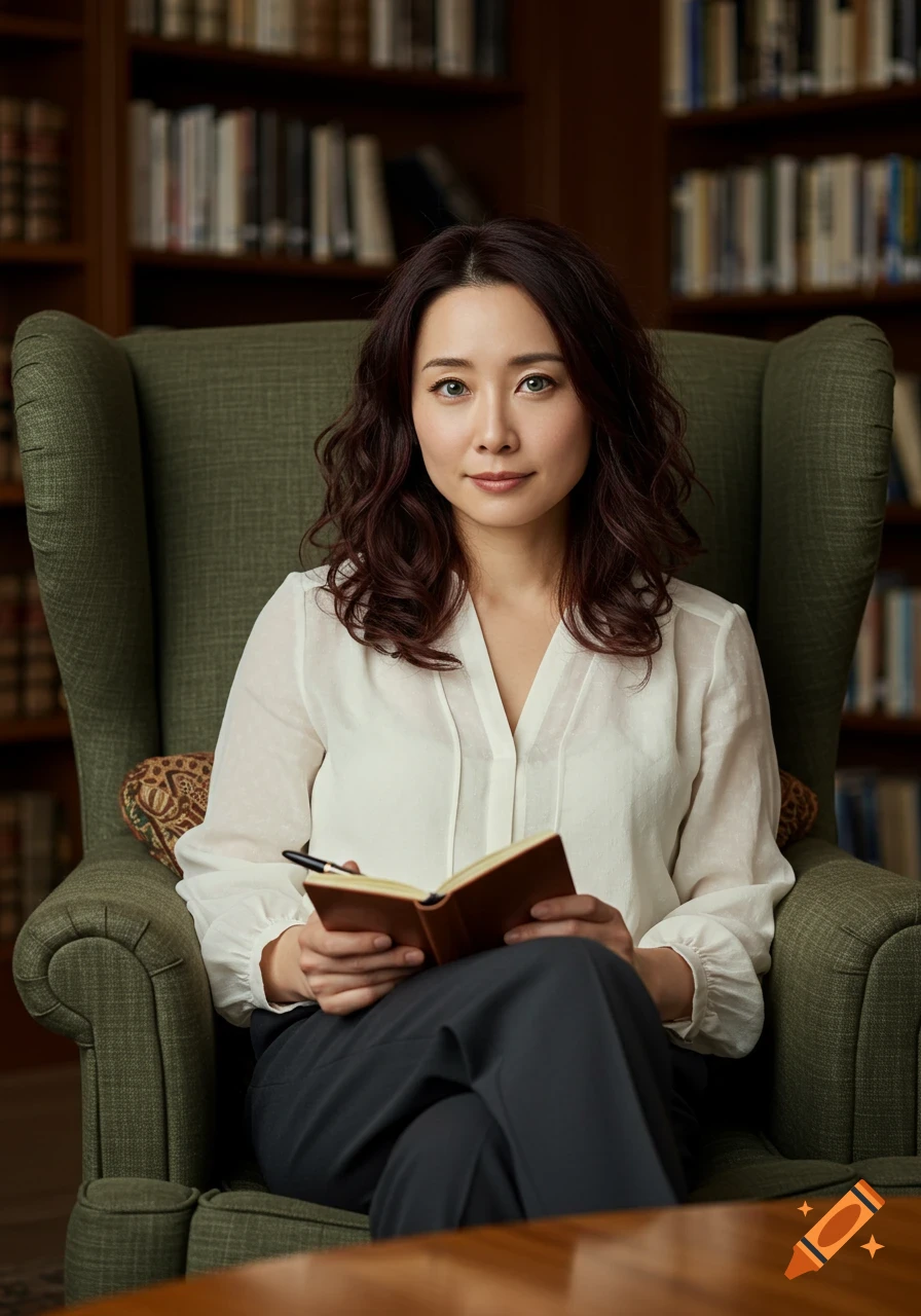 Photorealistic portrait of a woman with wavy dark red hair, sitting in a green armchair, holding a notebook in a library.