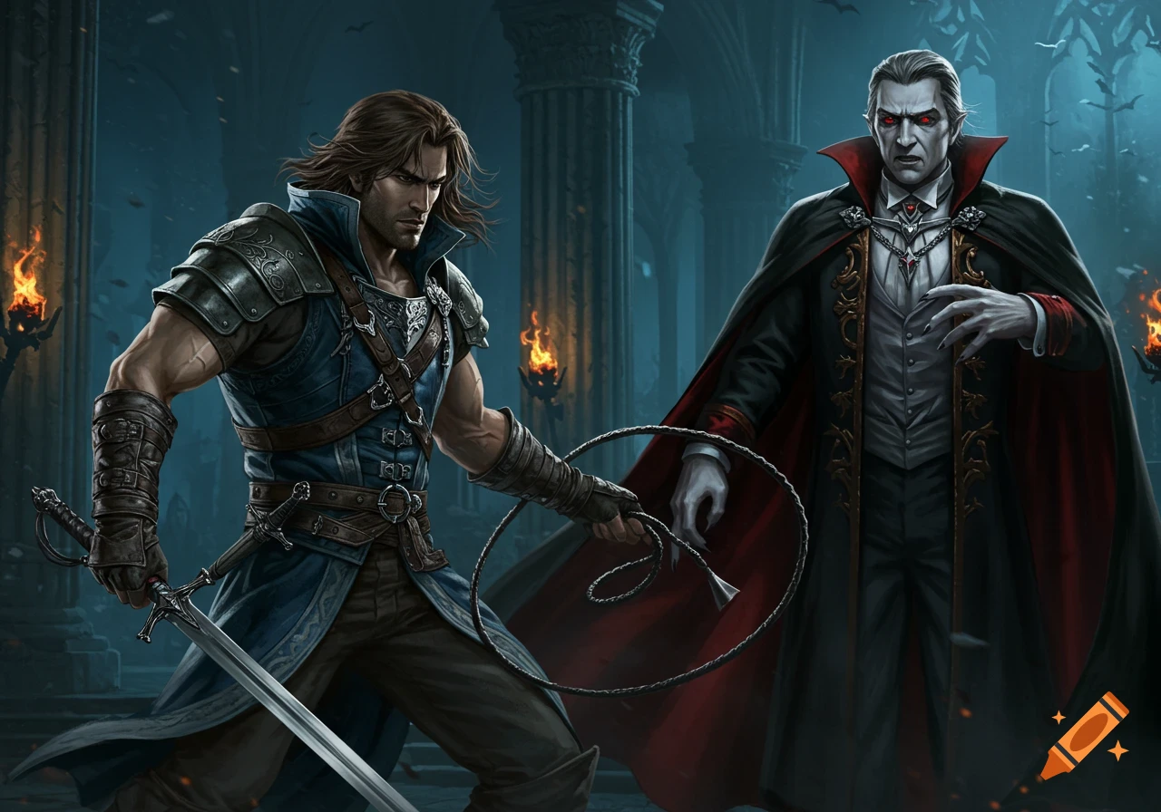 Simon Belmont and Count Dracula facing each other in a dark gothic castle, detailed fantasy art.