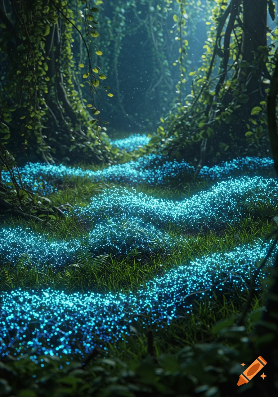 A lush, dark forest with bright blue, glowing patterns forming trails across the verdant ground.