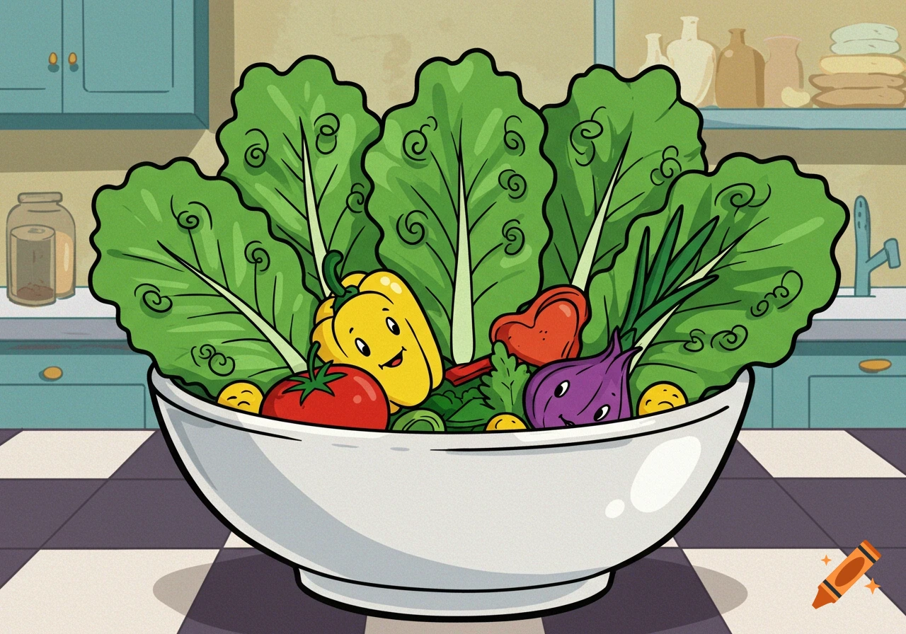 A cartoon bowl of salad with anthropomorphic vegetables, including lettuce with swirly patterns, a yellow bell pepper, tomato, and onion.