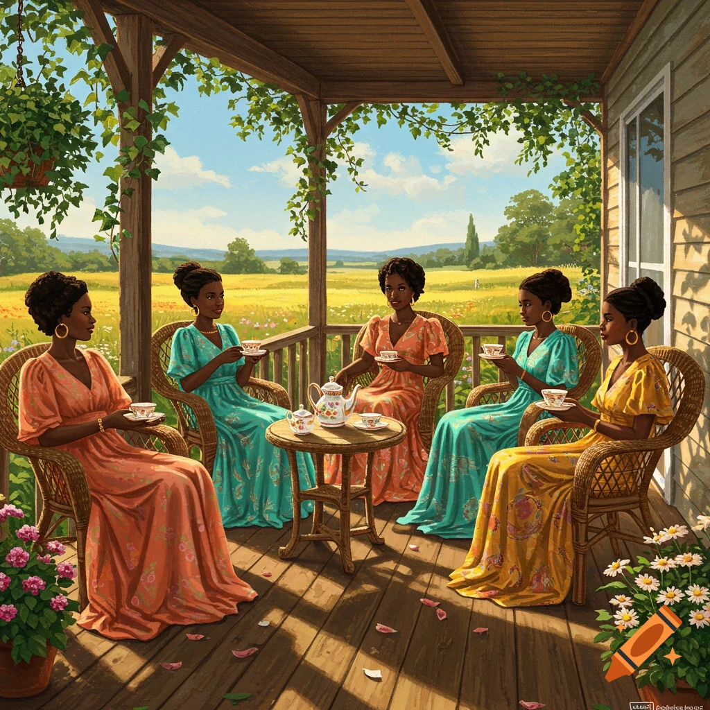 Five Black women in colorful dresses enjoy a tea party on a sunny wooden porch overlooking fields, in a detailed painting.