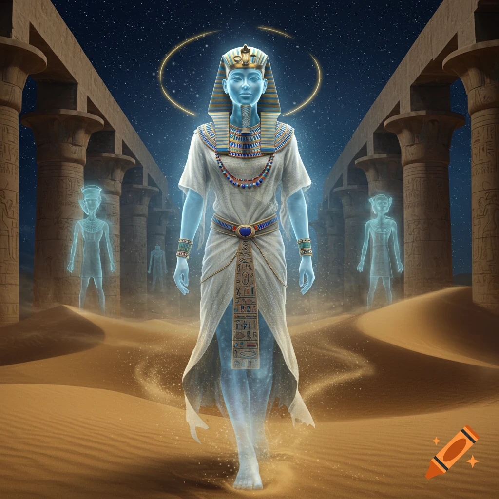 A glowing, transparent pharaoh-like figure with a halo walks through a desert temple under a starry night.