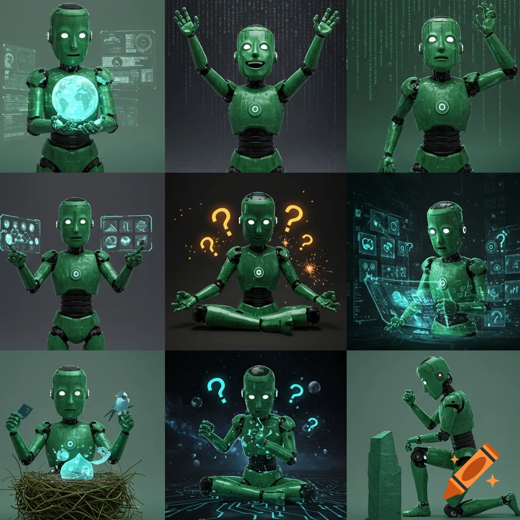 A grid of nine panels featuring a green robot interacting with glowing data, meditating, holding a bird, and expressing various emotions.