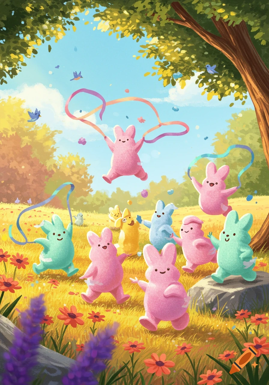 Many colorful Peeps bunny characters playing happily in a sunny field with flowers and trees, some holding ribbons in a whimsical illustration.
