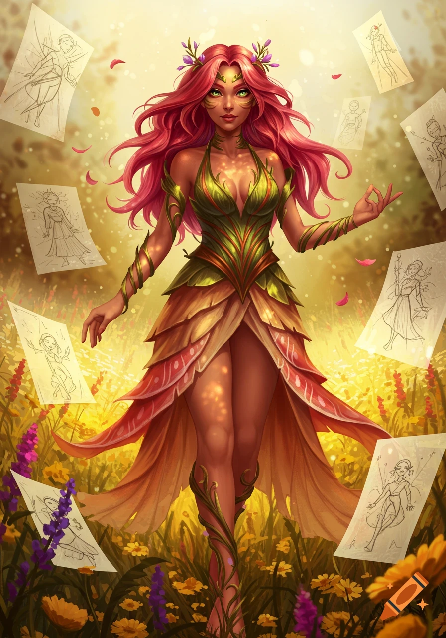 A vibrant fantasy illustration of a tan-skinned fae woman with long reddish-pink hair and green eyes, wearing a flowing leaf dress. She stands in a sunlit field, surrounded by floating sketches of figures.