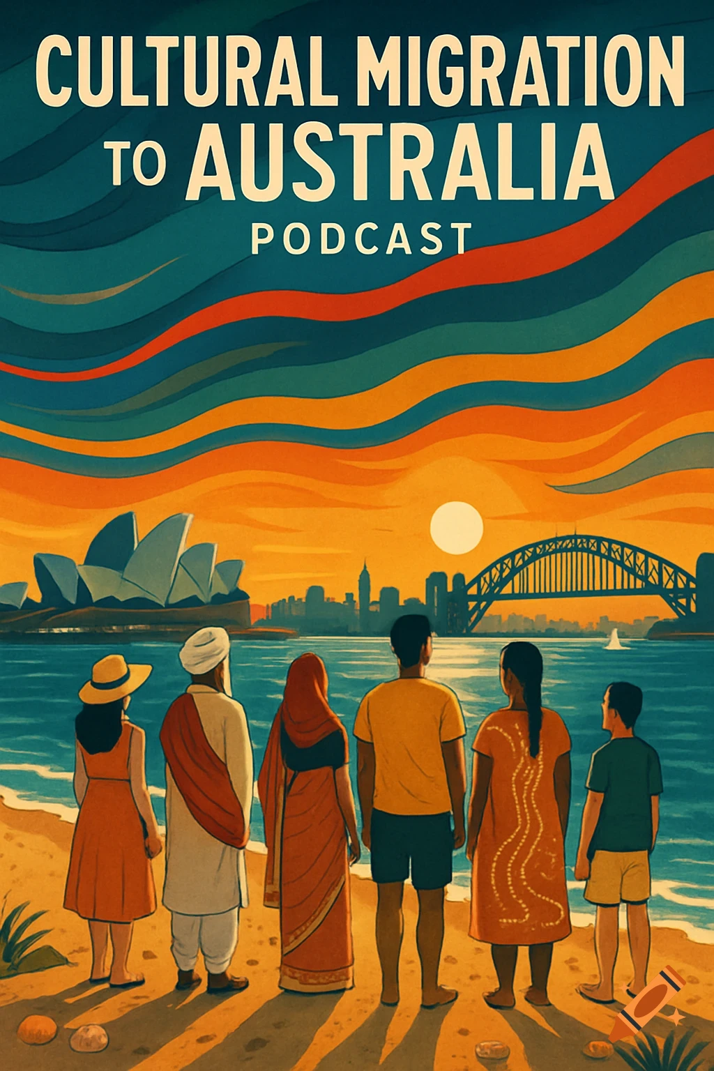 A stylized illustration of a diverse group of people on a beach looking at the Sydney skyline at sunset, with text "CULTURAL MIGRATION TO AUSTRALIA PODCAST" at the top.