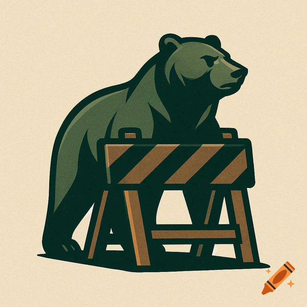 Stylized illustration of a dark green bear leaning on a brown and black striped construction barrier.