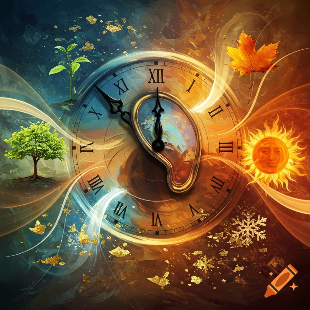 Abstract illustration of time and seasons with a melting clock, tree, leaf, sun, and snowflake.